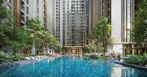 Hồ bơi và không gian cảnh quan tiện ích nội khu tại một dự án căn hộ của MIK Group