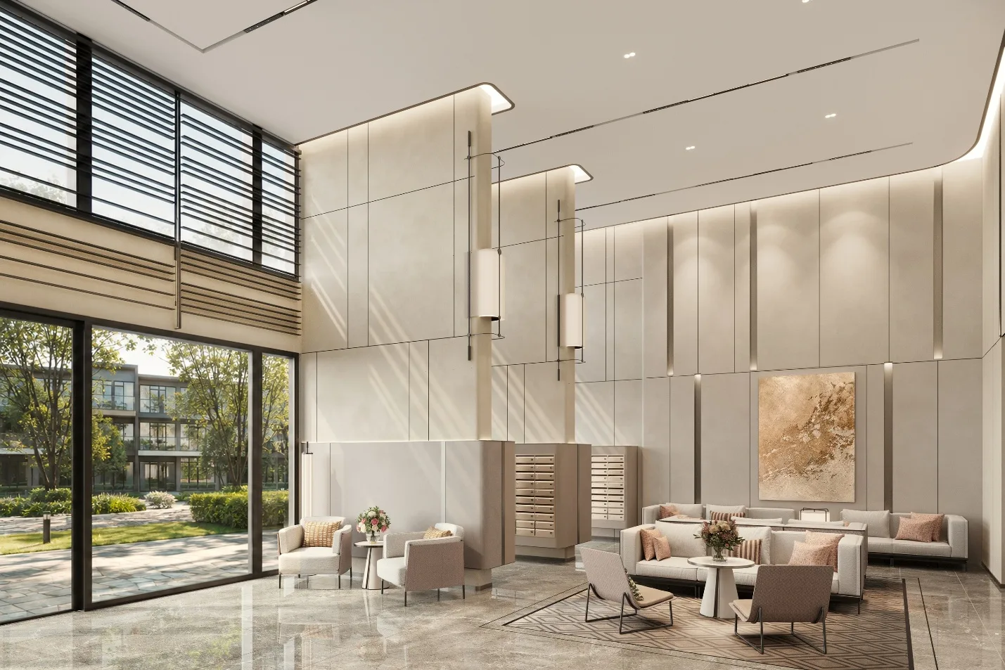 Không gian sảnh lobby tòa tháp cao tầng trong dự án của MIK Group tại khu Đông TP.HCM