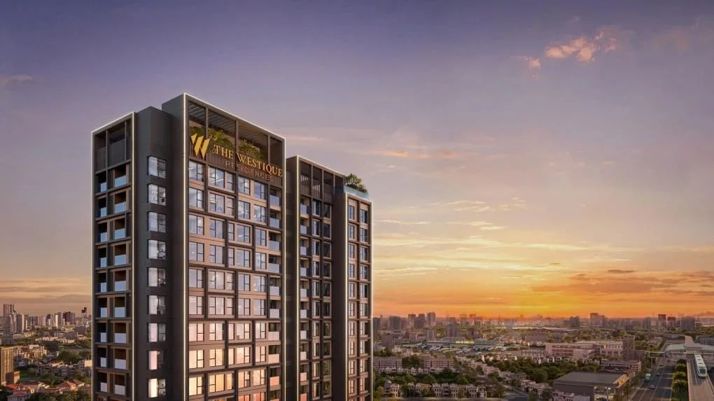 Phối cảnh The Westique Residences lúc hoàng hôn với tuyến đường Kinh Dương Vương phía dưới