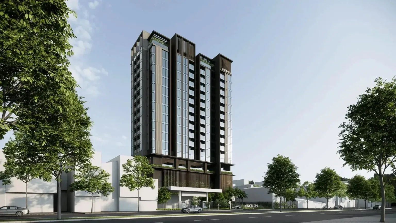 Phối cảnh tòa cao ốc hiện đại mặt tiền đường tại khu vực An Lạc, quận Bình Tân