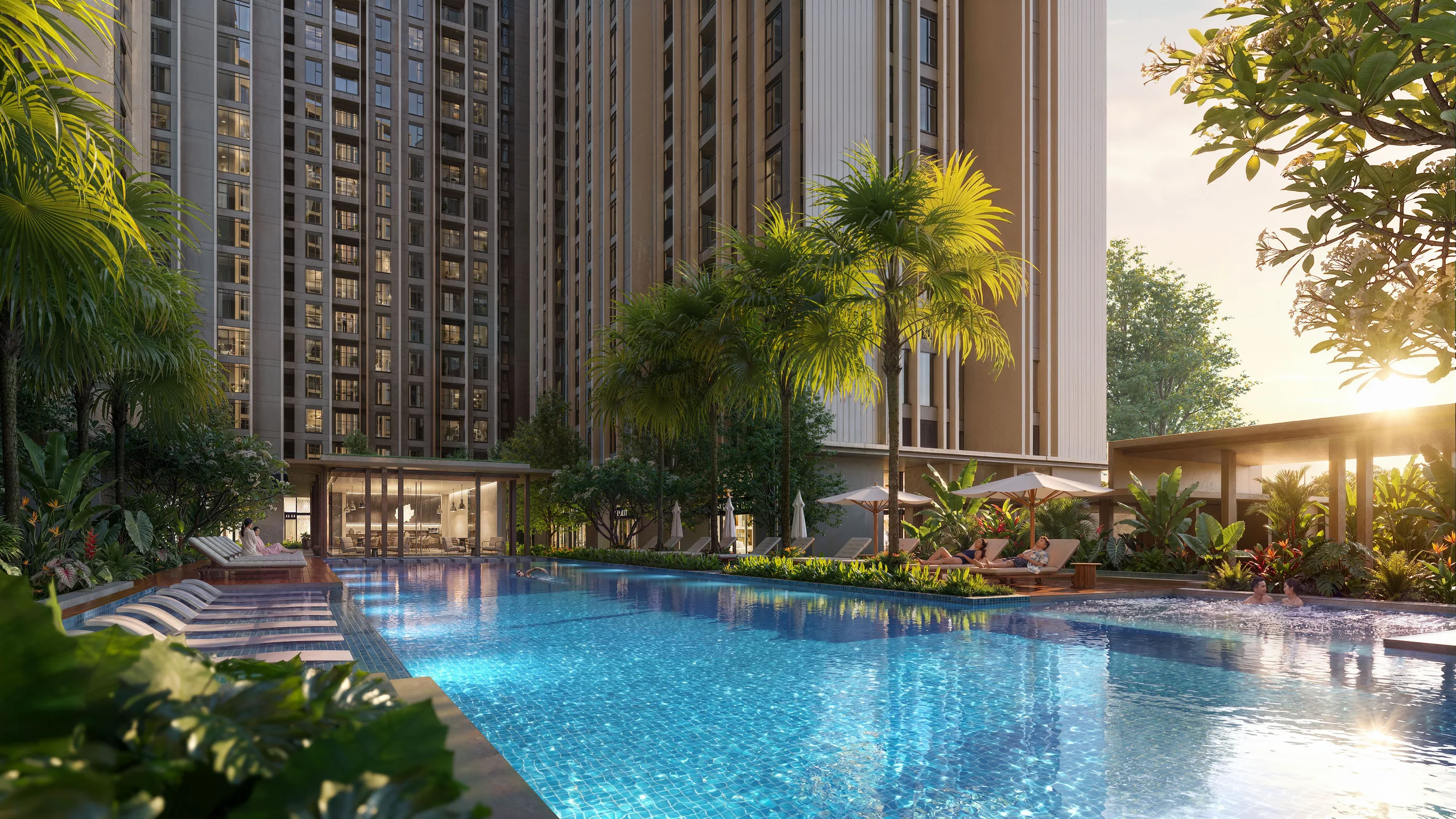 Bể bơi và cảnh quan cây xanh trong thiết kế của Imperia Sensa Park tại Khu Đông TP.HCM