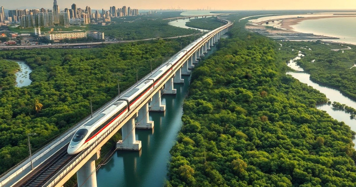 Hình ảnh minh họa đoàn tàu chạy trên tuyến đường sắt trên cao băng qua khu rừng ngập mặn hướng về Cần Giờ